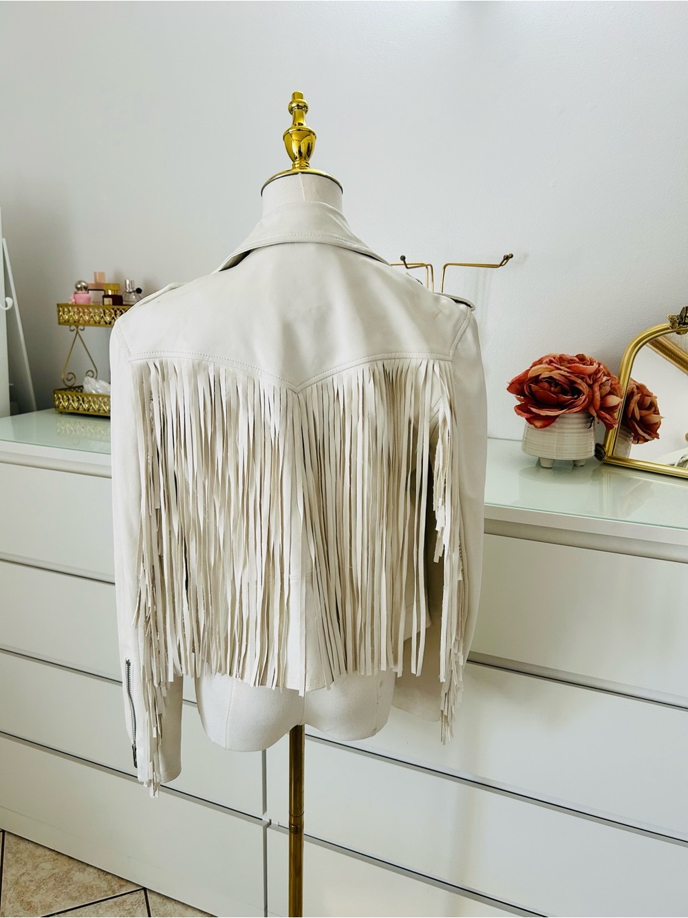 Blank NYC Cream Fringe Leather Moto Jacket
